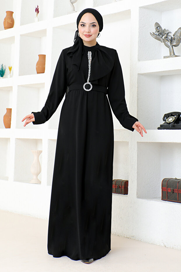 Black Belted Evening Dress - SHD5326