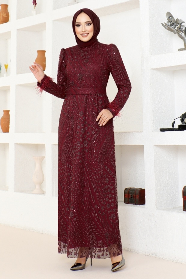 Burgundy Glitter Tulle Evening Dress - YGS6569