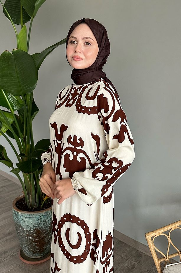Tek Renk Desenli Acı Kahve Viskon Elbise - 6