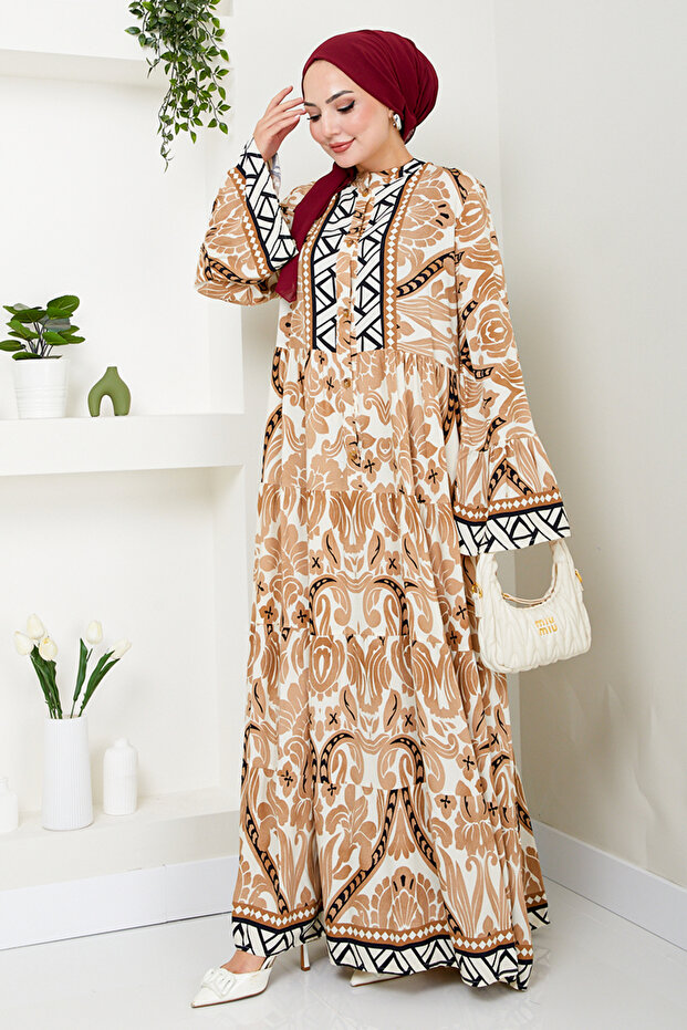 فستان منقوش باللون البني - MDP7114 - 2