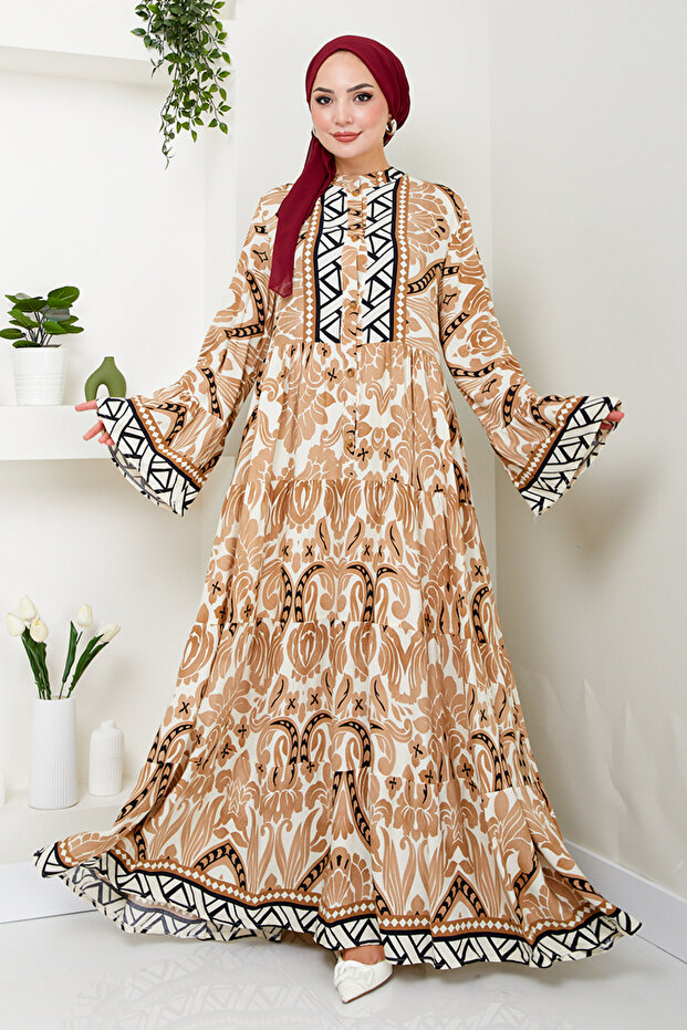 فستان منقوش باللون البني - MDP7114 - 1