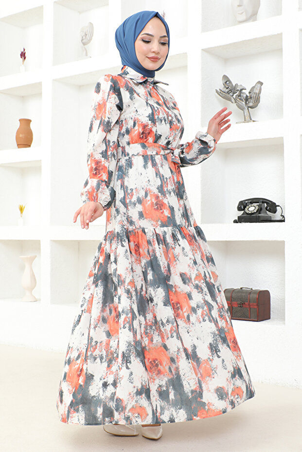 فستان برتقالي منقوش - MSL6092 - 2