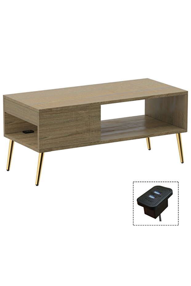 Modern Coffee Table with USB Port, Storage Shelf, Grey Bardolino Oak - Stylish & Durable