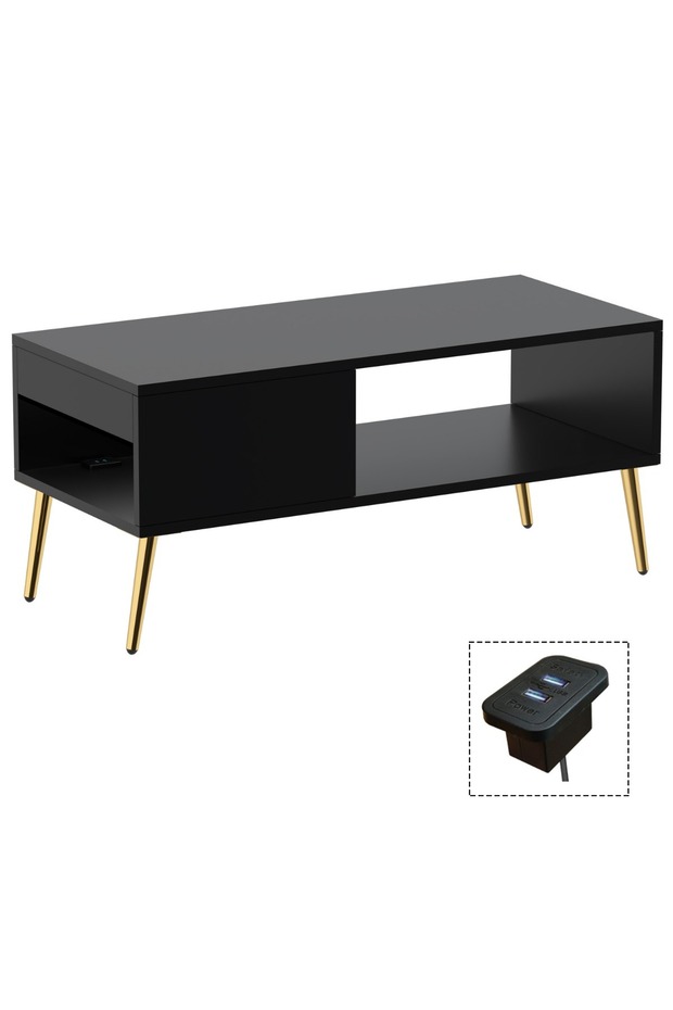 Modern Black Coffee Table w/ USB Port & Storage - Ideal for Living Room, Study, Office