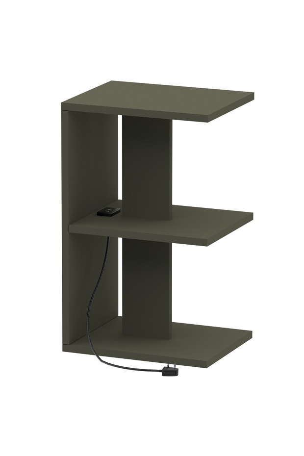 E-Shape Night Stand with USB Ports & 3 Shelves - Lava Grey, Easy Assembly, Lightweight