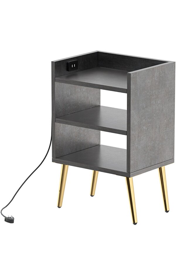 Modern Night Stand Table with USB A/C Ports, 3 Open Shelves - Anthracite, Easy Assembly