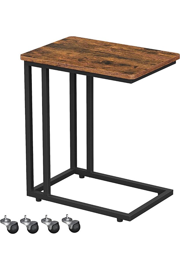 VASAGLE Industrial Mobile Side Table, Rustic Brown, Steel Frame, Large Top, 4 Wheels, ULNT50X