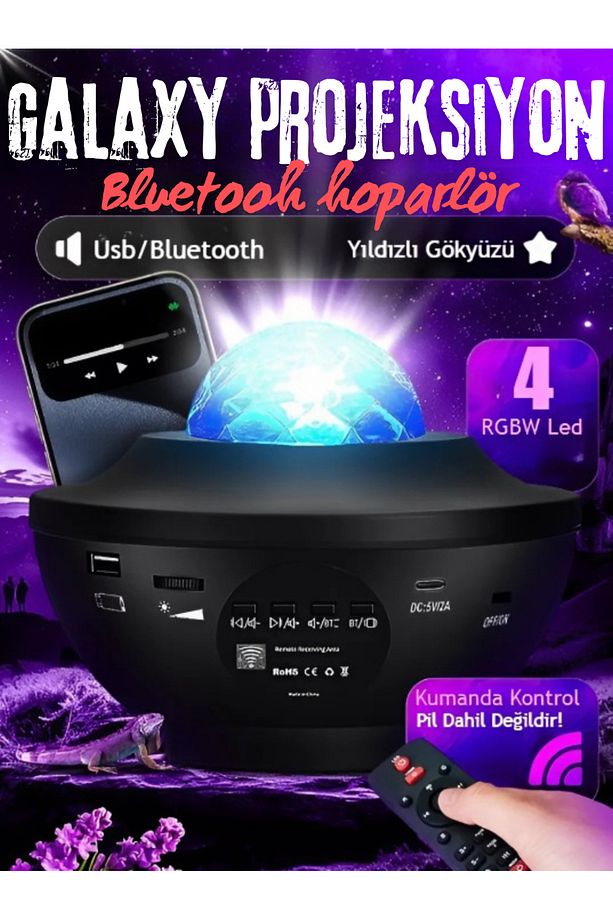 Yıldızlı Galaxy Projektör Okyanus Su Dalgası Projeksiyon Bluetooth Hoparlör LED Masa ve Gece Lambası - 1