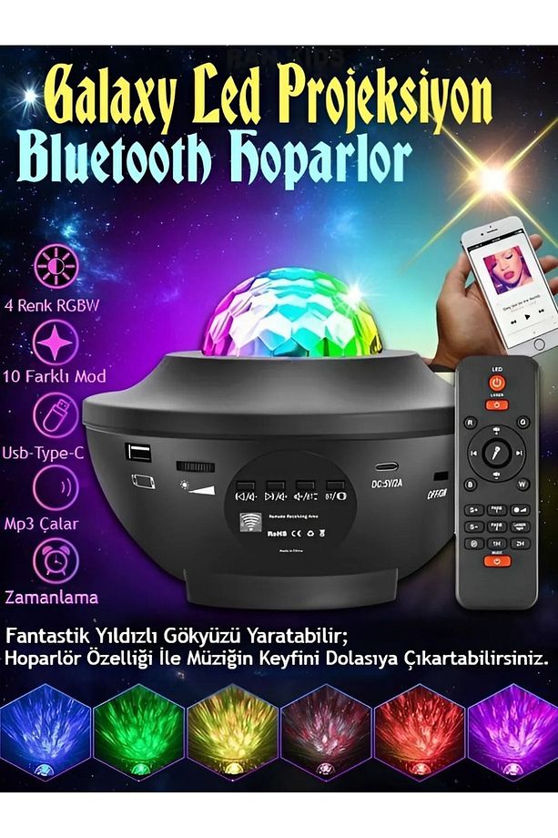 Yıldızlı Galaxy Projektör Okyanus Su Dalgası Projeksiyon Bluetooth Hoparlör LED Masa ve Gece Lambası - 4