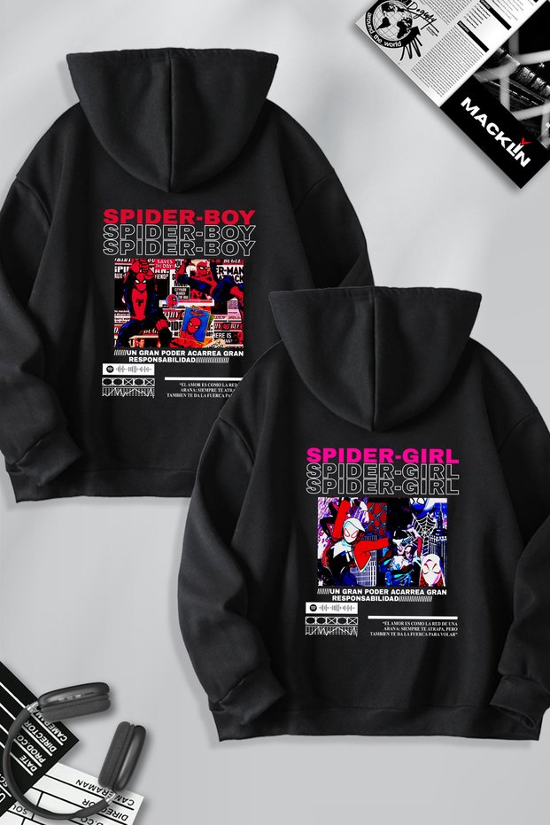 Dear Couple Combination Spider Boy and Girl Back Printed Special Design Hooded Sweatshirt Set of 2