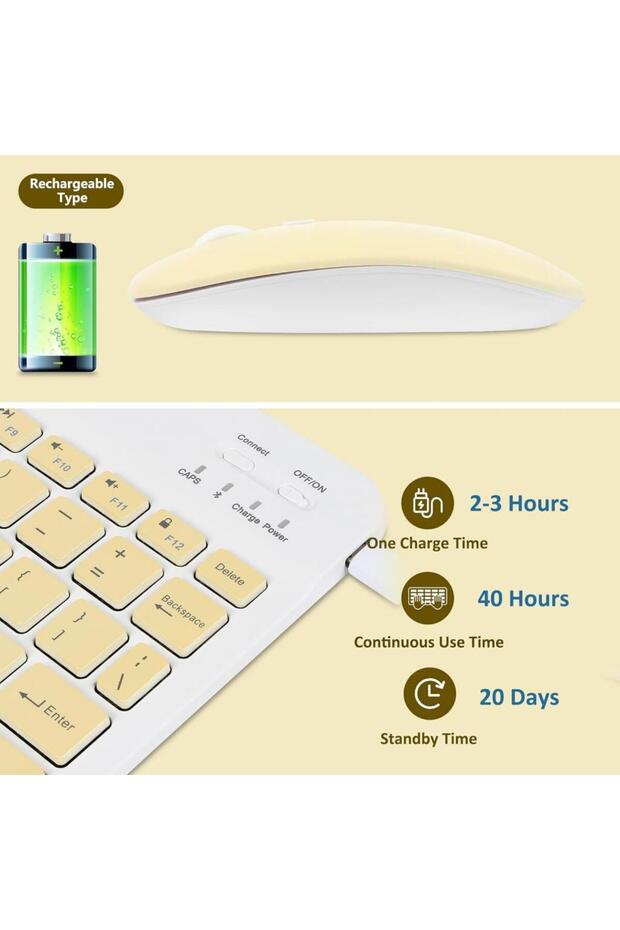 Apple iPad Pro 10. Nesil 10.9" Uyumlu Kablosuz Bluetooth Şarj Edilebilir Klavye Mouse Seti - Sarı - 2