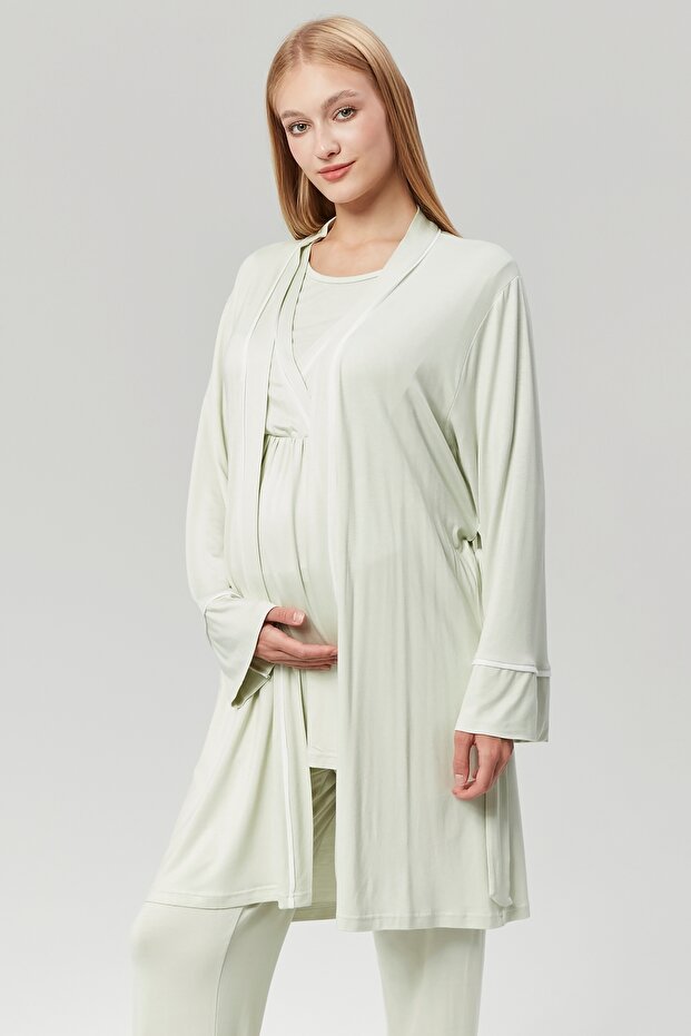 Women's seafoam green design summer 100% cotton maternity & postpartum robe & pajama set - 3 piece set