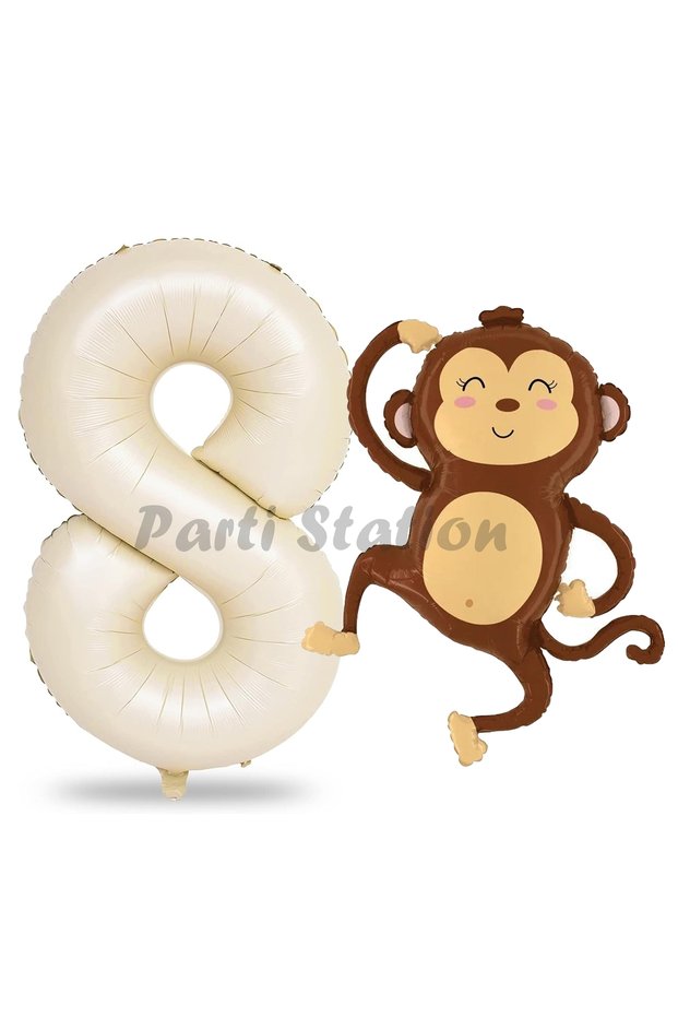 Safari Monkey Balloon 8 Years Old Balloon Set Safari Concept Cute Monkey Balloon and Cream Color Number Balloon