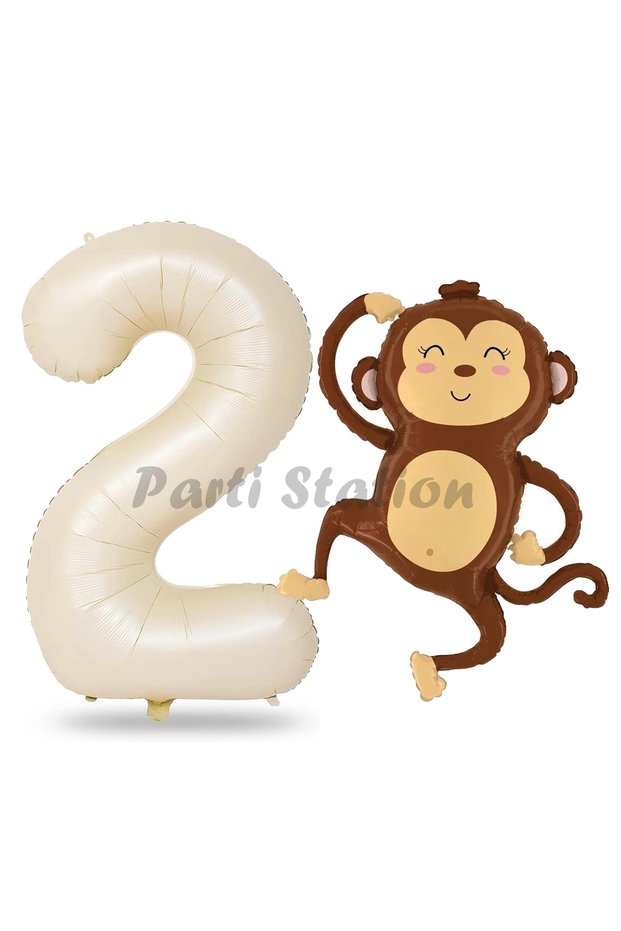 Safari Monkey Balloon 2 Year Old Balloon Set Safari Concept Cute Monkey Balloon and Cream Color Number Balloon