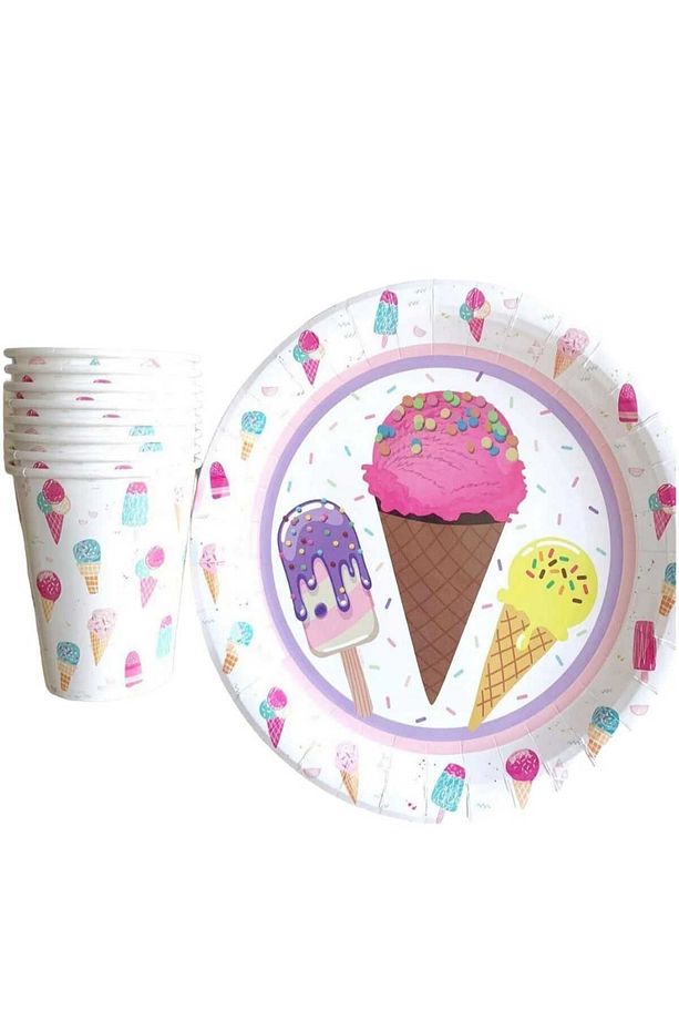 Dondurma Temalı 8 Adt 23 cm Tabak & 8 Adt Bardak 220/240 c - Ice Cream Yaz Konseptli Parti Seti - 1