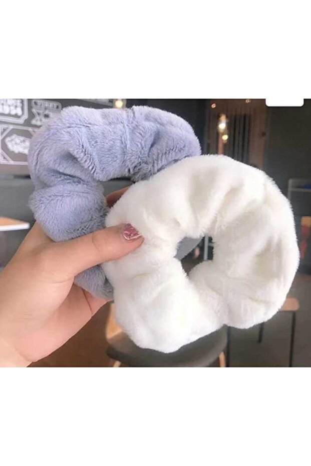 Ecru and Gray Plush Bagel Buckle Set 2 Pieces Luxury Imported Rabbit Hair - Bagel Buckle - Scrunchie