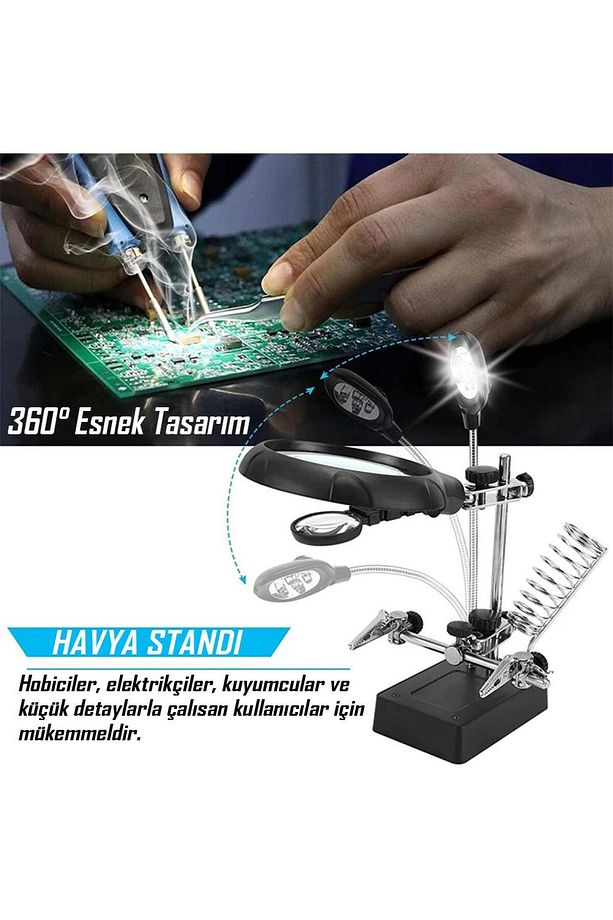 Değiştirilebilir Mercekli LED Işıklı Büyüteçli Lehim Tamir Havya Standı - MG16129-C - 5