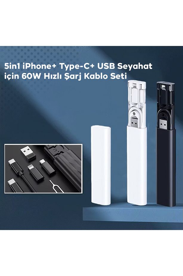 5in1 iPhone+ Type-C+ USB Seyahat için 60W Hızlı Şarj Kablo Seti SİYAH - 2