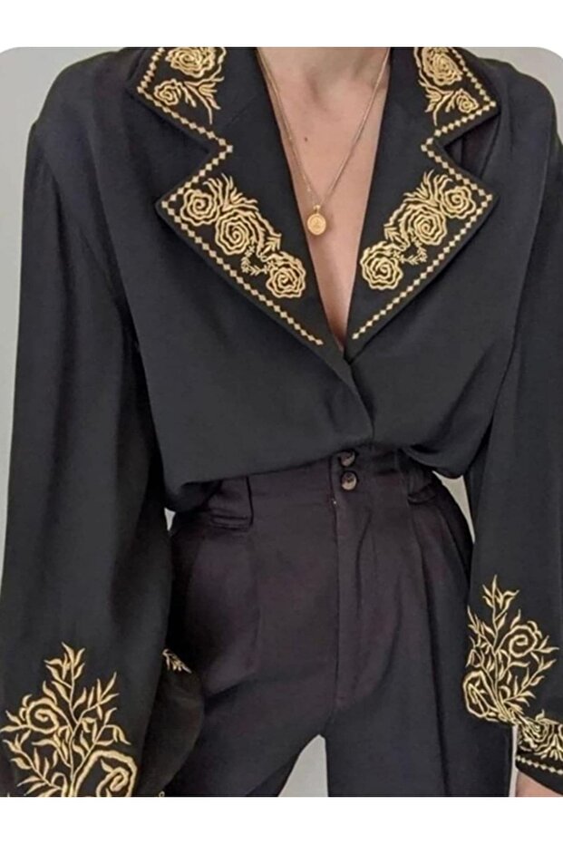 Siyah Nakışlı Gömlek - 4