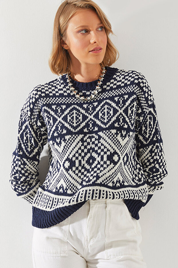 Women's Navy Blue Ecru Jacquard Sweater 20246194