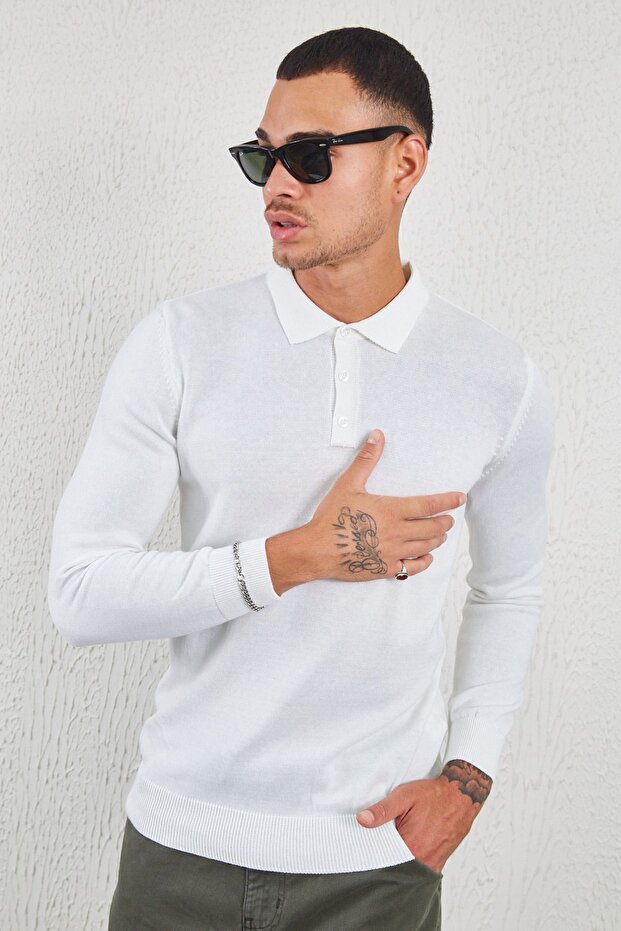 Buttoned Polo Neck Basic Knitwear Ecru |   Ee 100517377 - 2