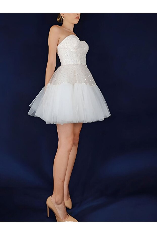 İncili pullu mini kabarık beyaz abiye - 6