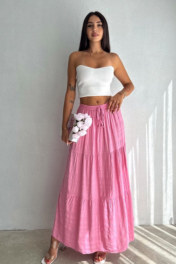 Kadın Pembe Beli Lastikli Yırtmaçlı Uzun Etek - 5