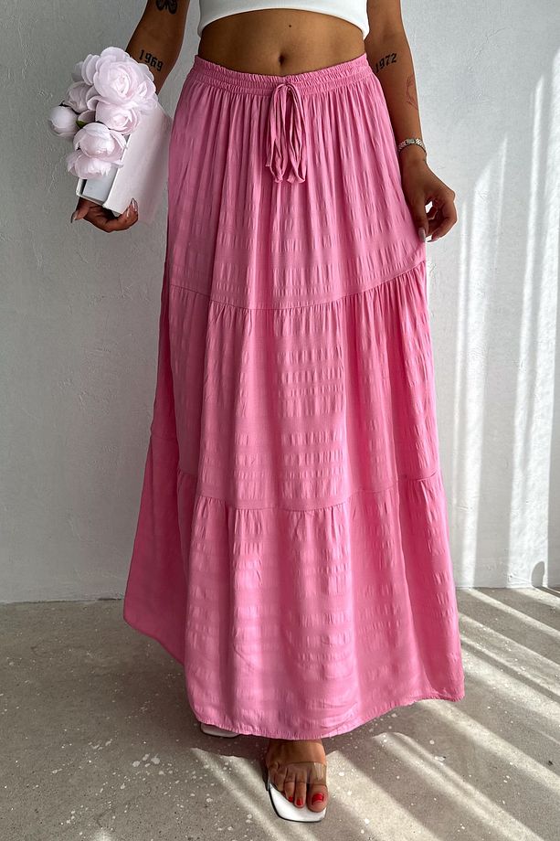 Kadın Pembe Beli Lastikli Yırtmaçlı Uzun Etek - 2