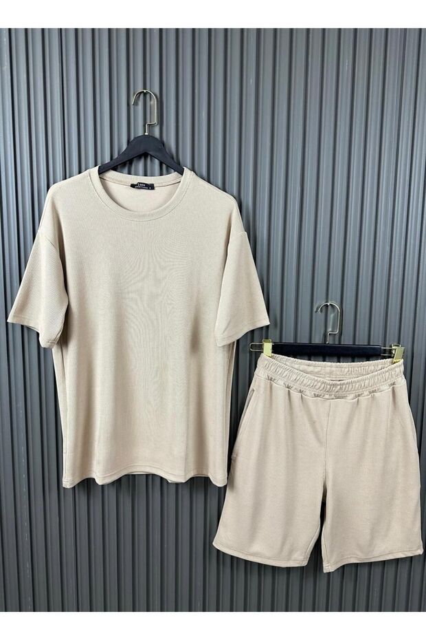 Men's Cream Corduroy Comfortable Loose Fit Loose T-Shirt Shorts Set