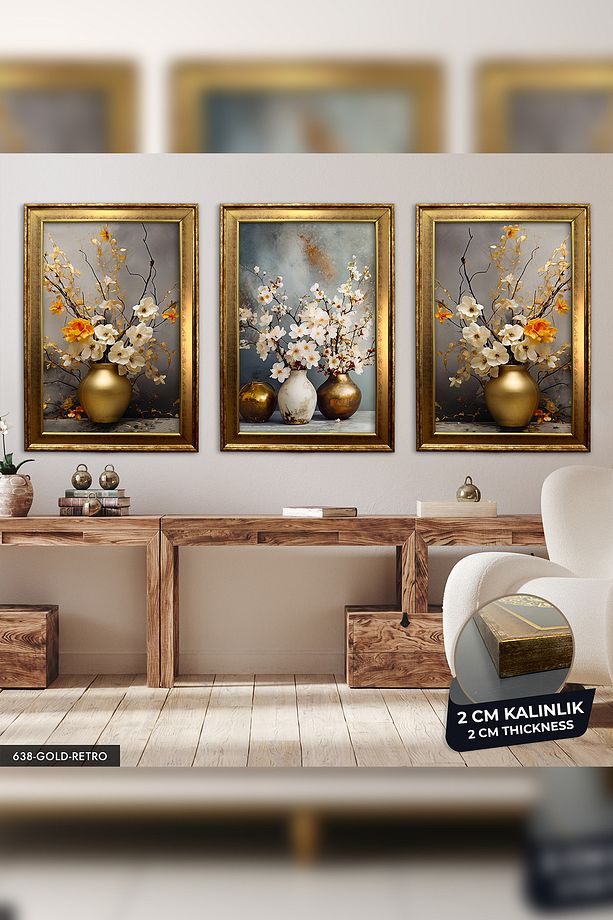 Vazoda Çiçekler 3 Parça Gold Retro Çerçeveli Tablo Cvplk - 1
