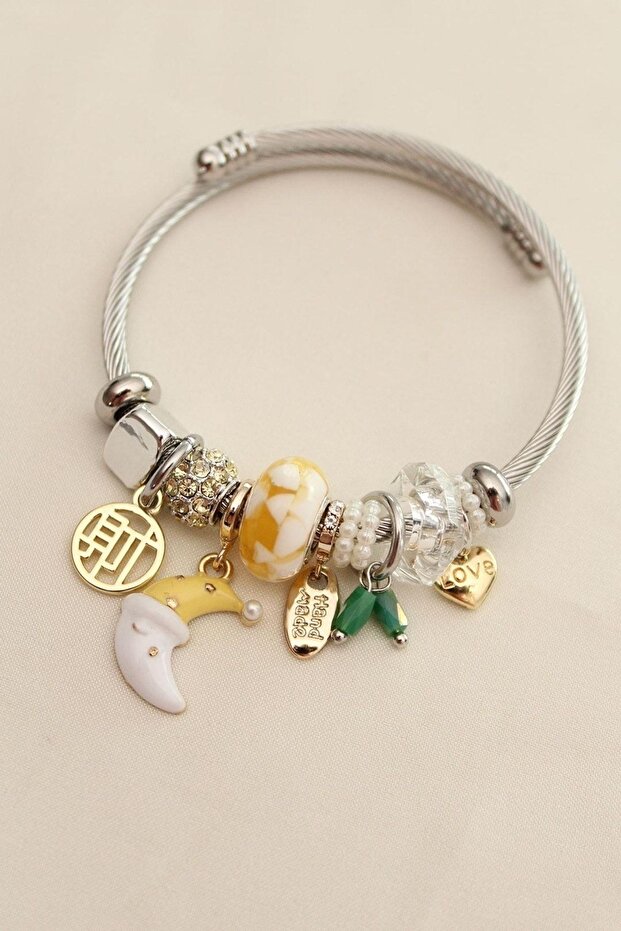Charm Steel Bracelet with Love Written Moon Figure
