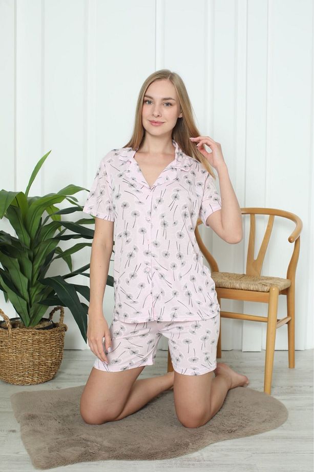 Pamuklu Desenli Kadın Kısa Kollu Şortlu Kol Pijama Takımı - 2