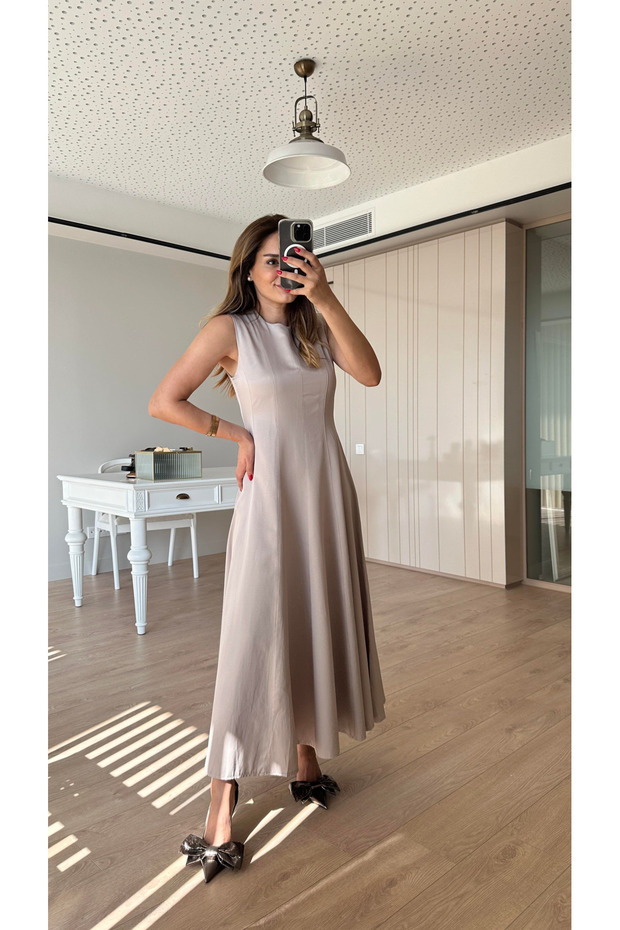 Bej Kolsuz Çan Model Uzun Elbise - 2