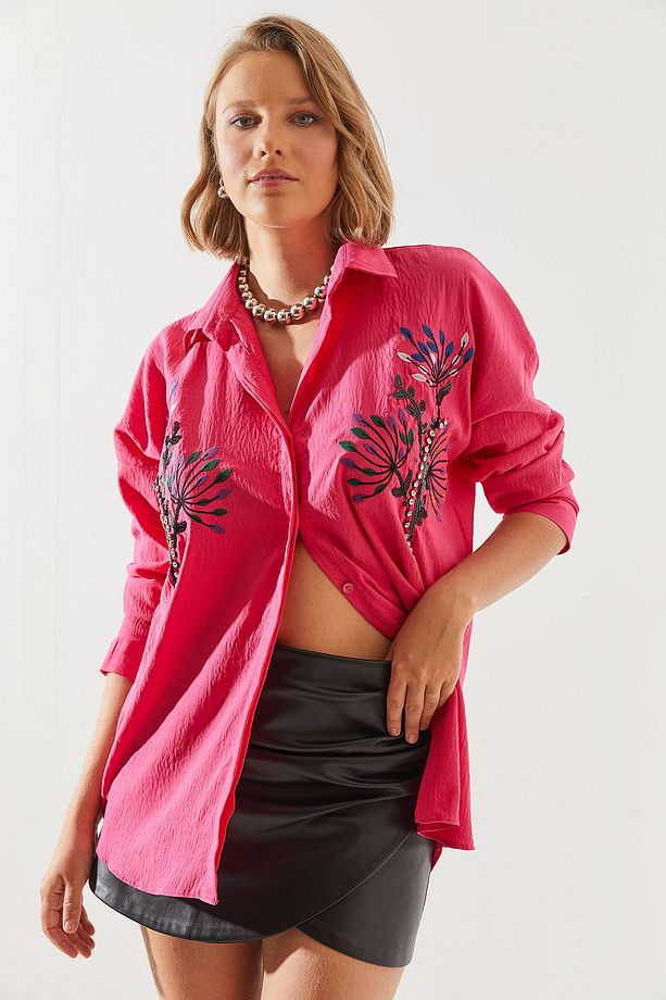Kadın Taş Yaprak İşlemeli Oversize Gömlek 5929 60251482 - 4