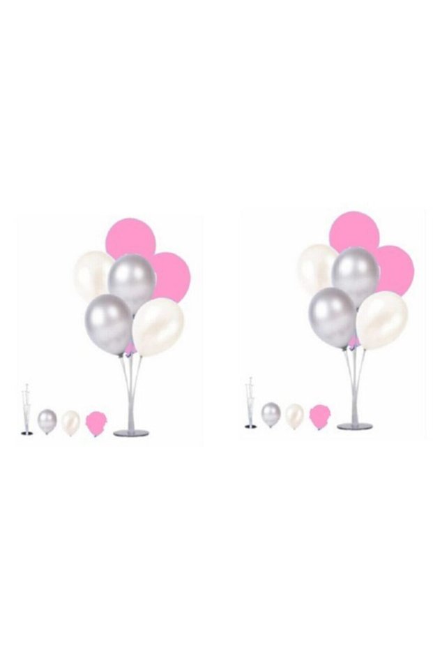 Bal10 2 Pieces of 7 Balloon Stands and 14 Pieces of Silver-Pink-White Metallic Balloon Set Stand