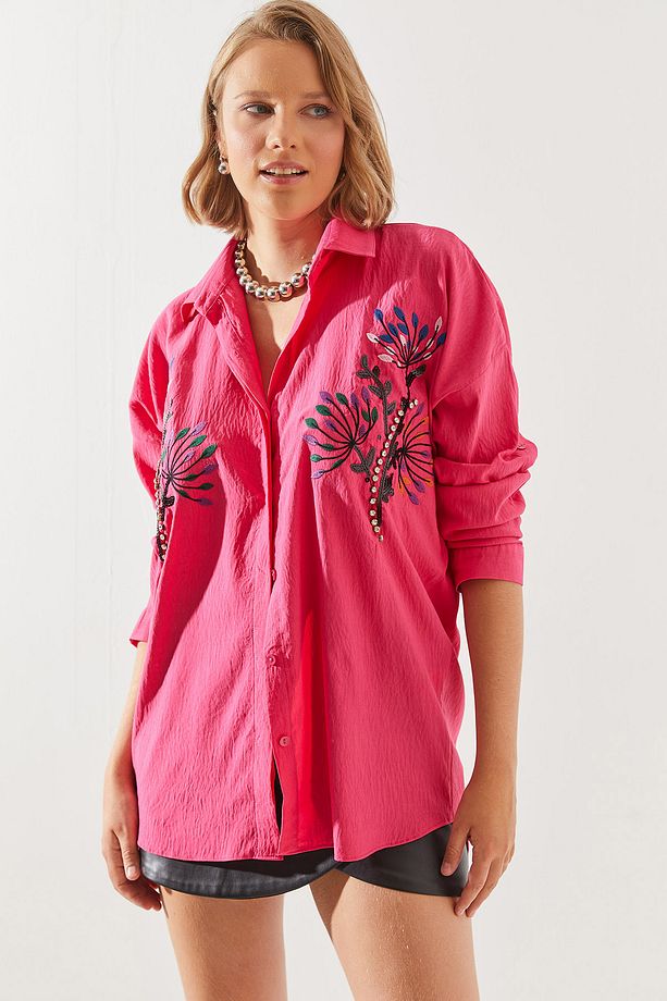 Kadın Taş Yaprak İşlemeli Oversize Gömlek 5929 60251482 - 5