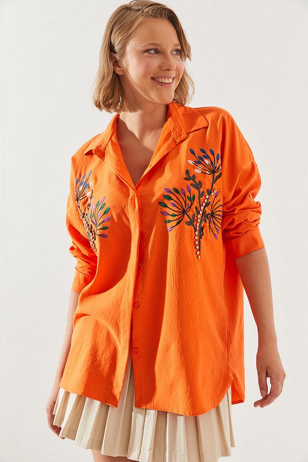 Kadın Taş Yaprak İşlemeli Oversize Gömlek 5929 60251482 - 6