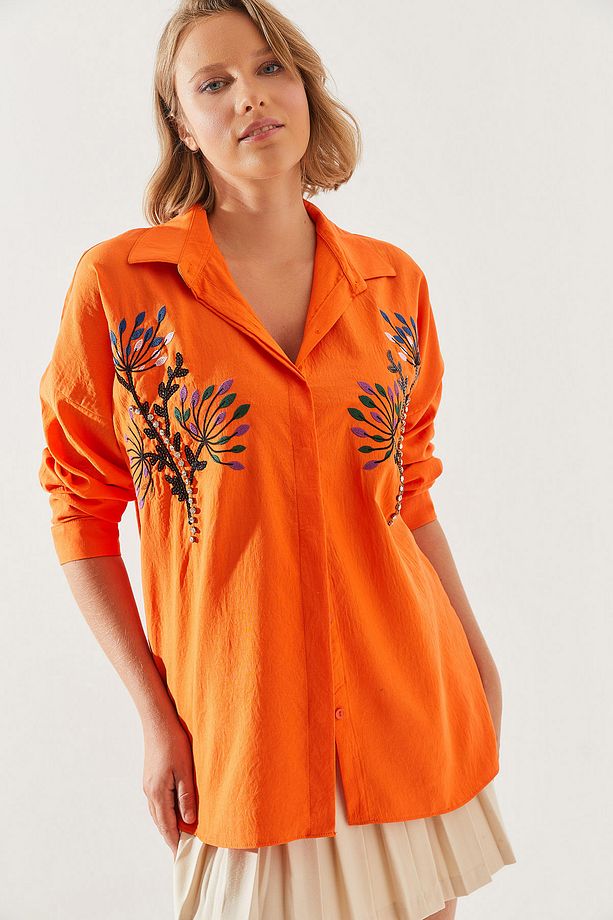 Kadın Taş Yaprak İşlemeli Oversize Gömlek 5929 60251482 - 4