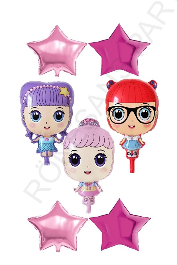 Rönesans 3 Character Baby Girl and Pink Color Heart Star Foil Balloon Set