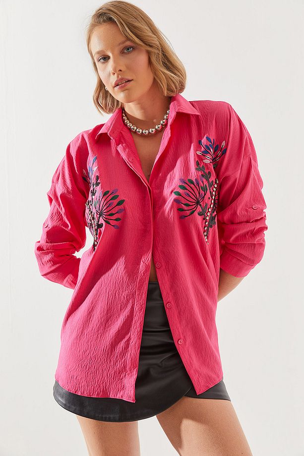 Kadın Taş Yaprak İşlemeli Oversize Gömlek 5929 60251482 - 1