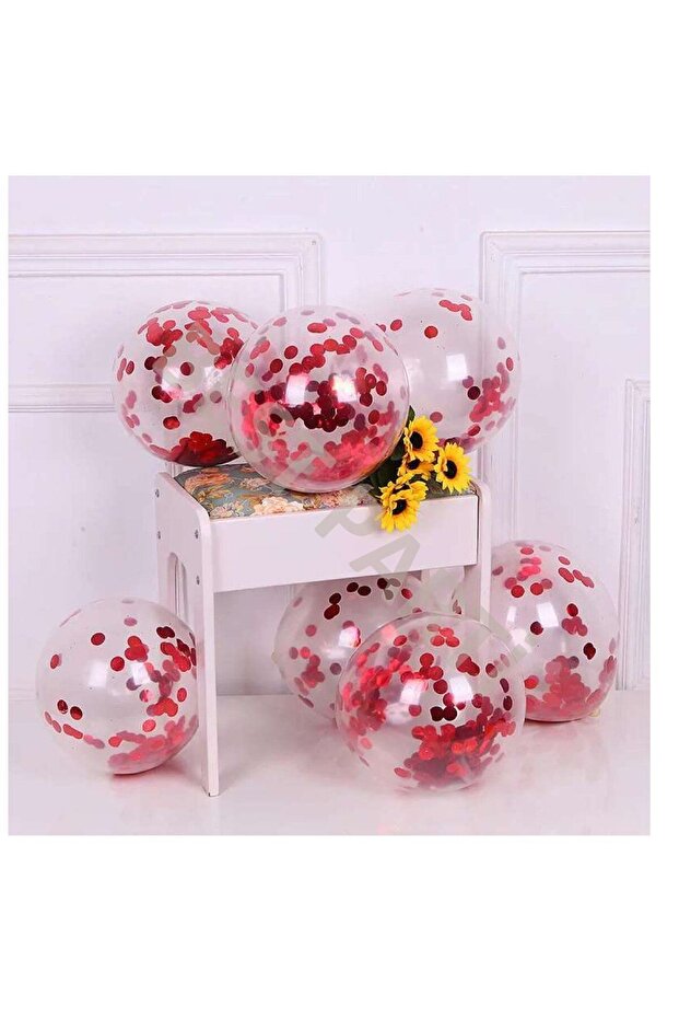 Bal10 Set of 10 Transparent Latex Balloons with Red Confetti