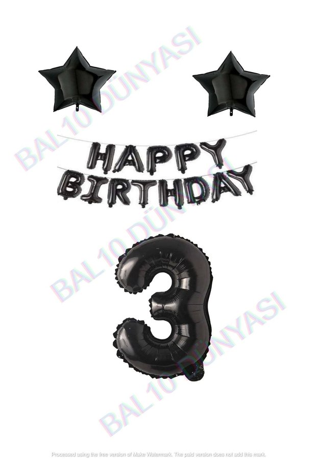 Bal10 Happy Birthday Black Color Foil Balloon Star Foil and Number Set Age 3