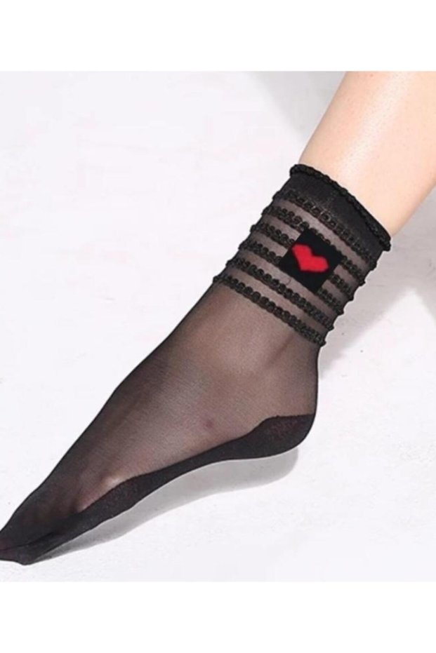 Women's Black Heart Detailed 3-Piece Tulle Socks