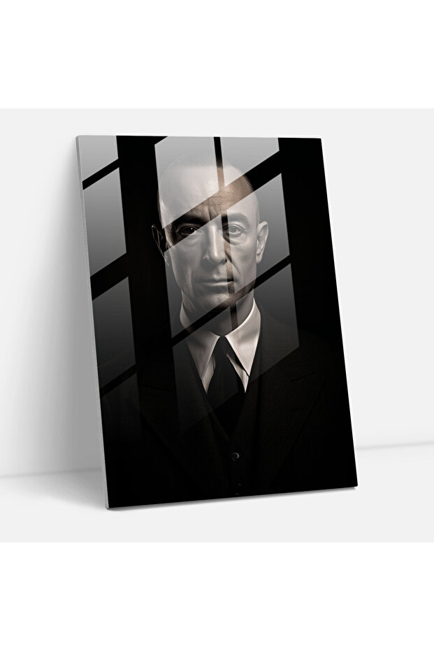 Contemporary Glass Print, Oppenheimer Portrait, Oppenheimer, Black and White Portrait