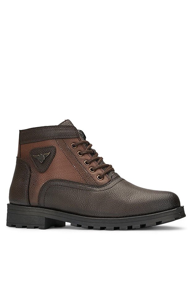 Casual Men's Brown Boots Lace-Up Patterned Serrated Sole Buckle Detailed Outdoor Shoes 504
