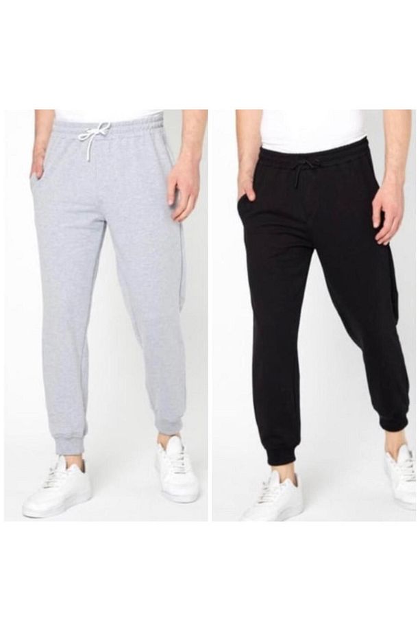 İKİLİ  Jogger  2İP ÖRME Kumaş Eşofman Altı-Siyah Ve Gri Lastik Paça Yüksek Bel KIŞLIK Eşofman - 1