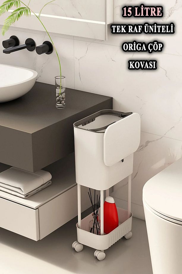 15 Litre Tek Raf Üniteli Tekerlekli Fonksiyonel Kapaklı Banyo Ve Mutfak Çöp Kovası - 3