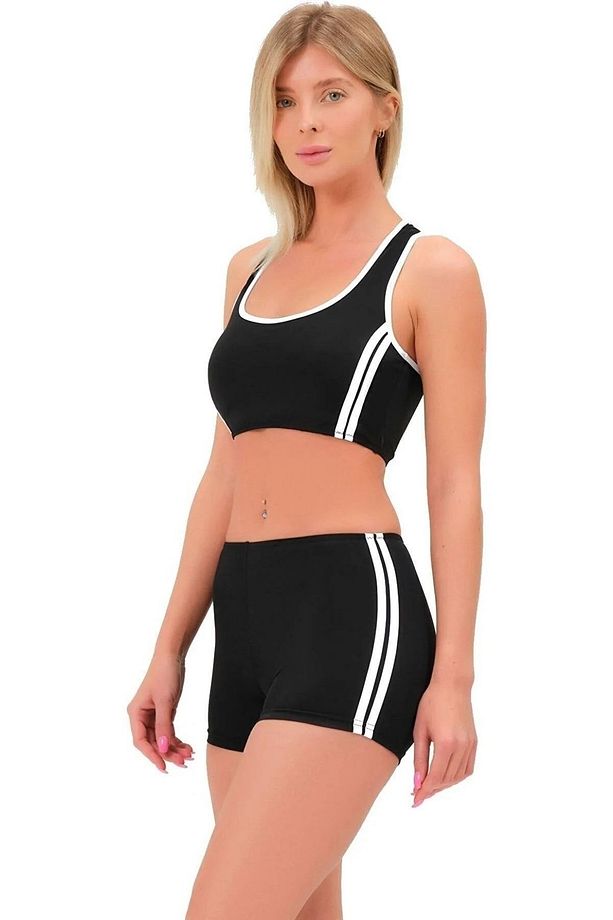 Şeritli Şortlu Yüzücü Bikini Siyah - 5