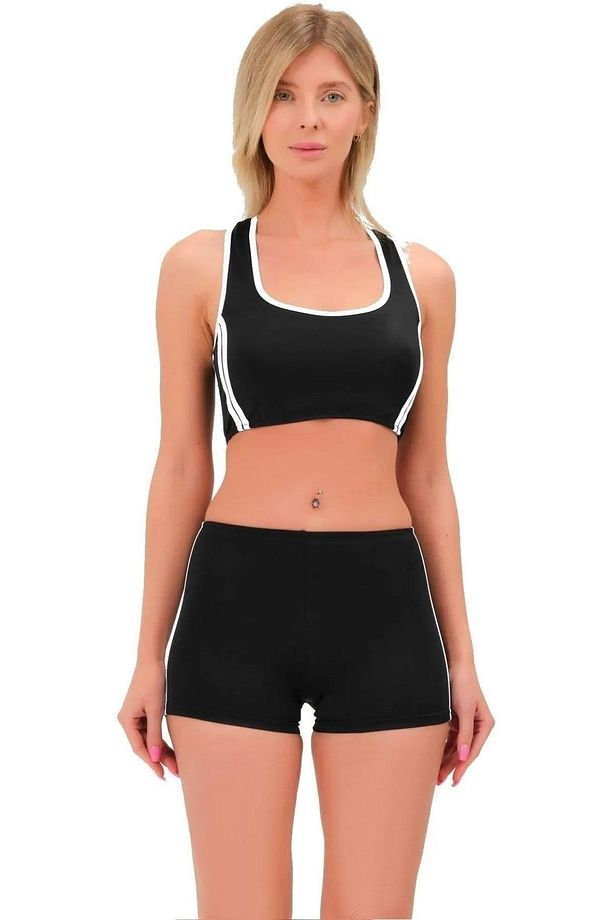 Şeritli Şortlu Yüzücü Bikini Siyah - 1