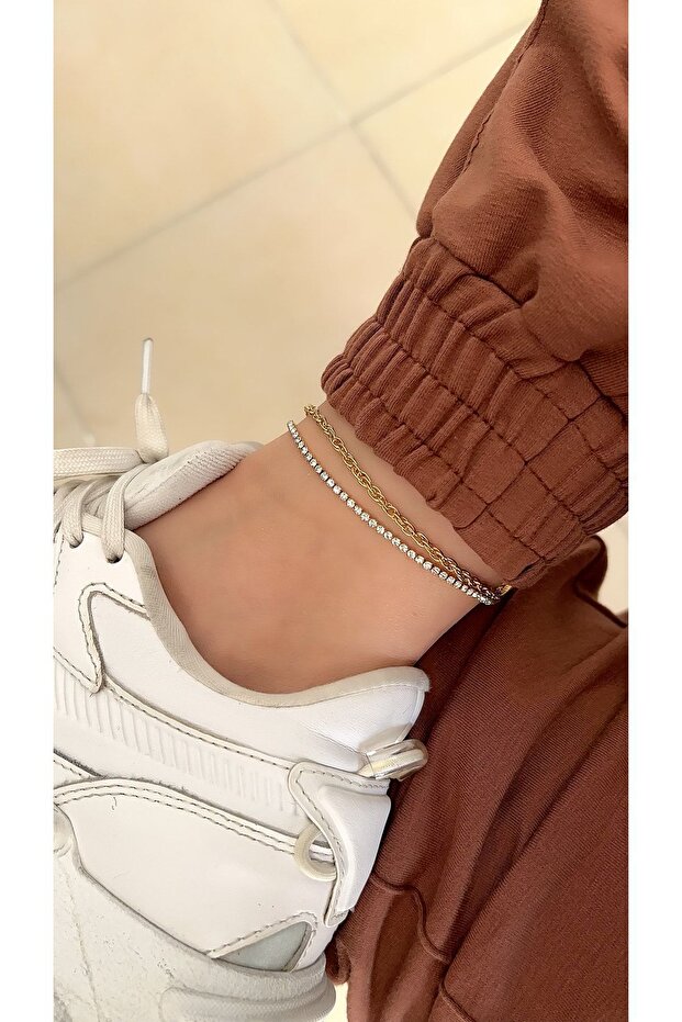 Steel Gold Zircon Stone Anklet